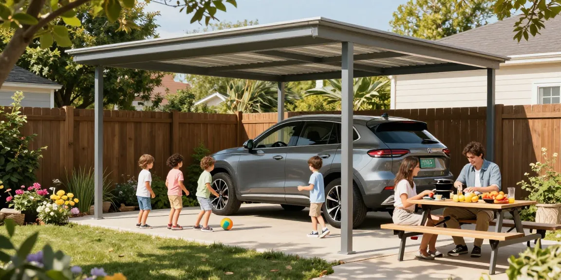 Moderne Carport-Szene mit Familie, die im Freien entspannt.