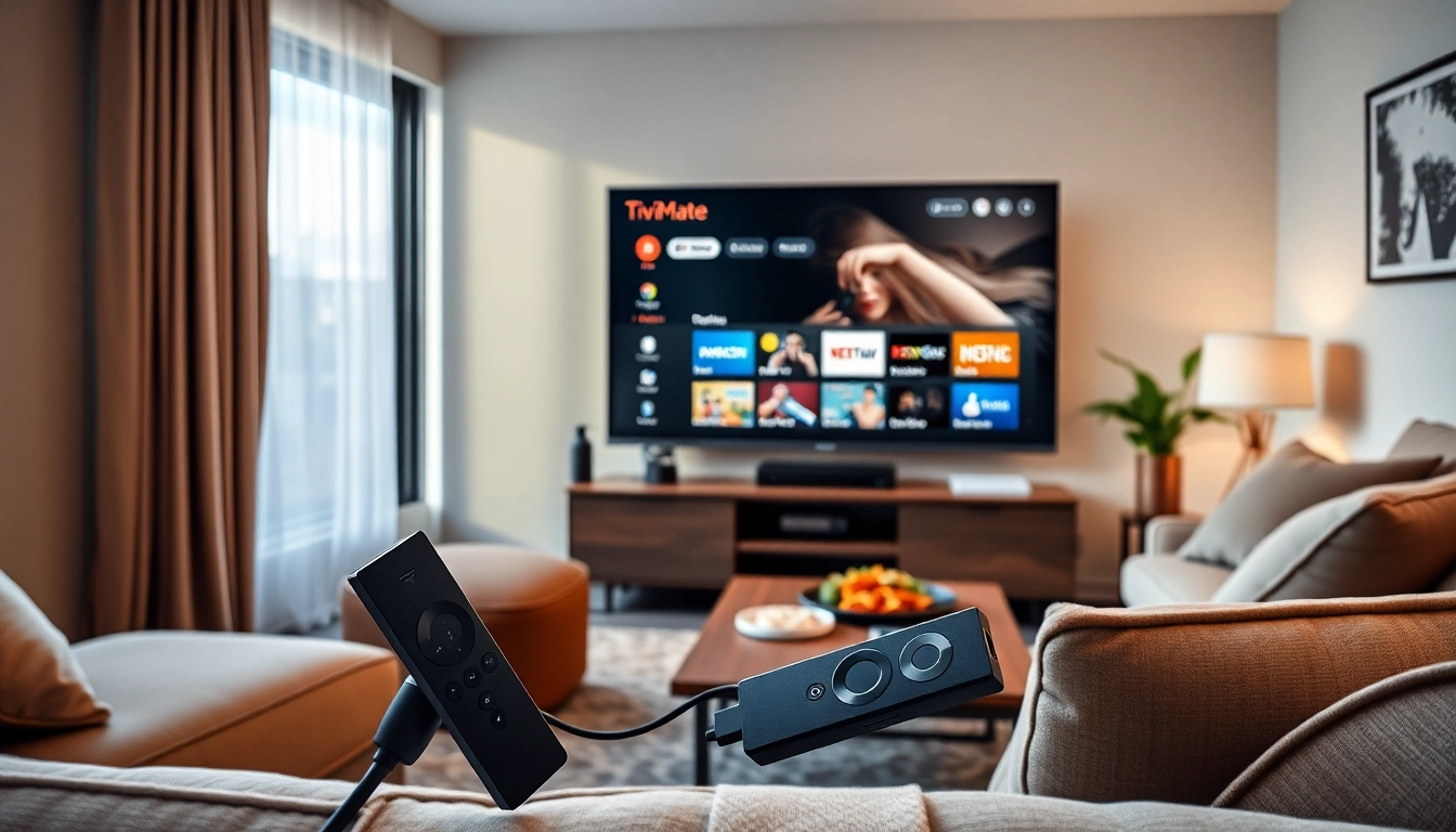TiviMate interface displayed on a modern TV in a cozy living room, inviting IPTV streaming experience.