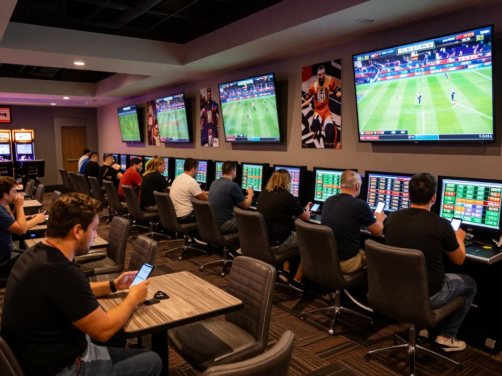 Patrons actively engaging in sports betting at MAN88's lively lounge, analyzing odds and cheering on live events