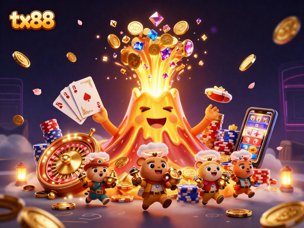 tx88 showcases a vibrant 3D illustration of a volcano and treasure for online casino enthusiasts.