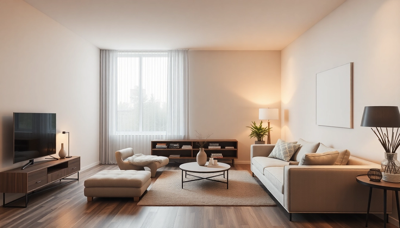 3D Visualisierung erstellen eines eleganten Wohnzimmers mit warmem Licht und modernen Möbeln