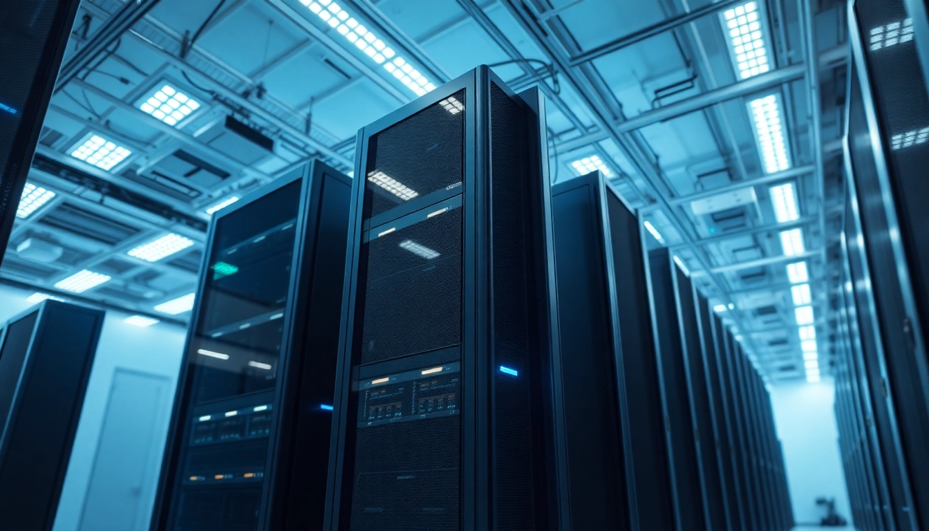 Visualisieren Sie die Leistungsfähigkeit des Windows Server 2025 16 Core in einer modern ausgestatteten Serverumgebung mit hohen Server-Racks und LED-Beleuchtung.