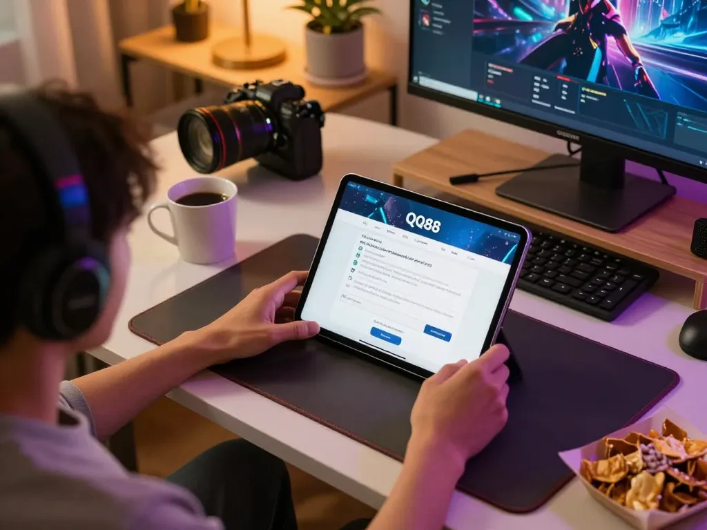 Register at QQ88 quickly with a tablet in a cozy home gaming setup, showcasing a vibrant atmosphere.
