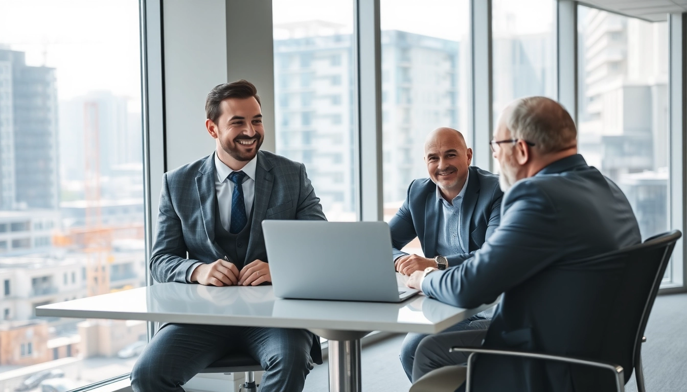 Headhunter Baubranche - Ein professioneller Austausch zwischen einem Headhunter und einem Bauleiter in einem modernen Büro.