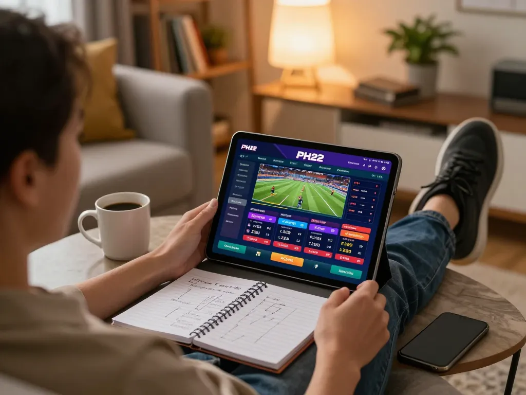 Engaging moment of a user exploring PH22 online casino games on a tablet in a cozy home setting.