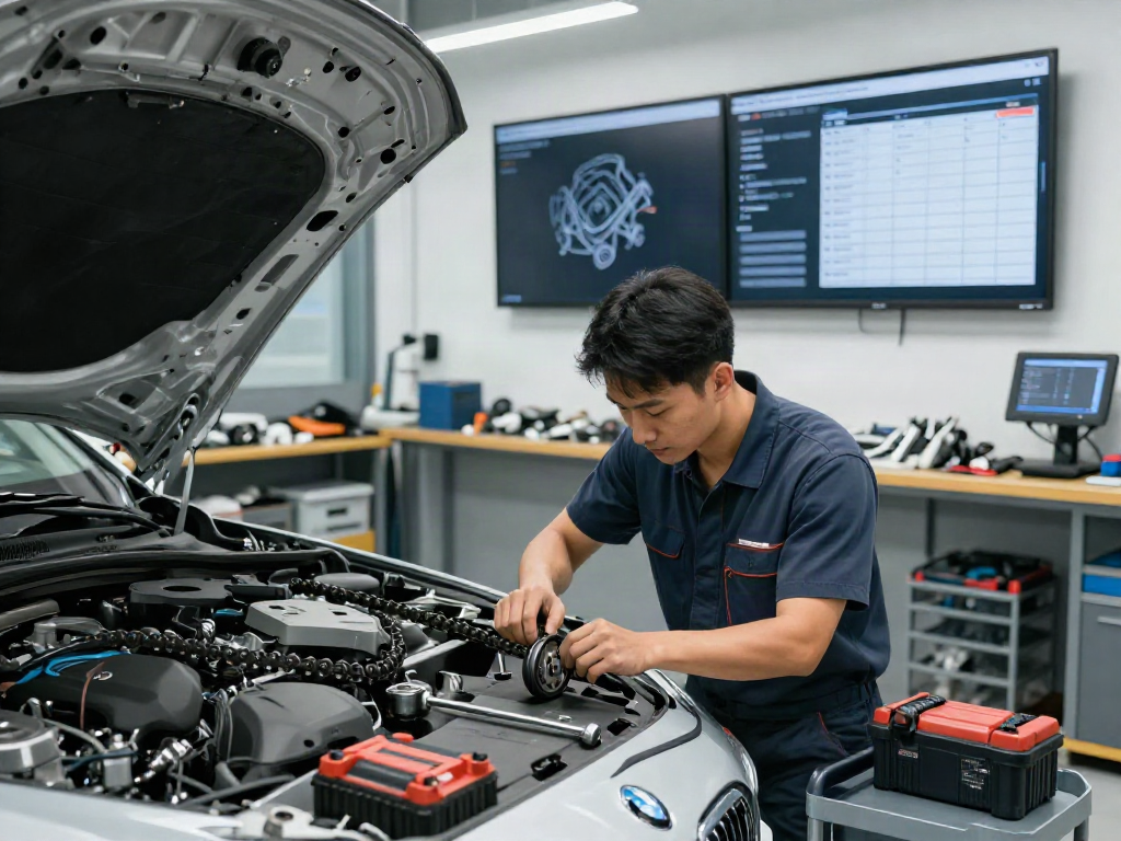 Mechaniker wechselt die BMW Steuerkette in Hannover mit professionellen Werkzeugen.