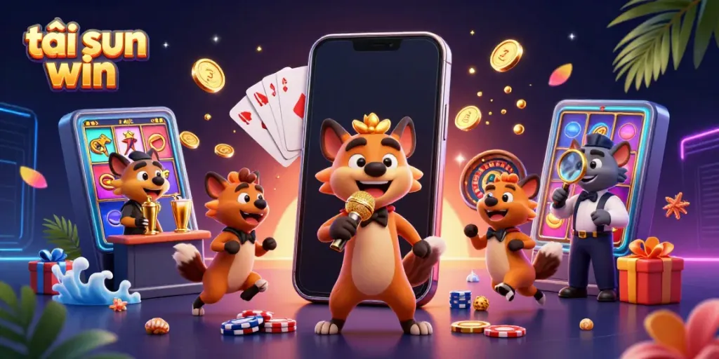 Engage in the excitement of tải sun win with cartoon hyenas at a dynamic casino scene.