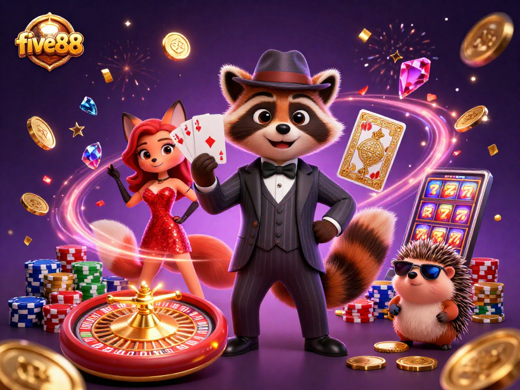 five88 players celebrating their wins with a raccoon in a suit, a fox in a dress, and a hedgehog bouncer