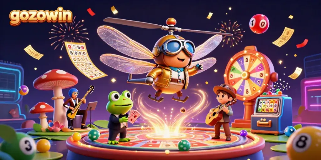 Join the excitement at gozowin with a lively casino scene featuring a dragonfly pilot and frog dealer.