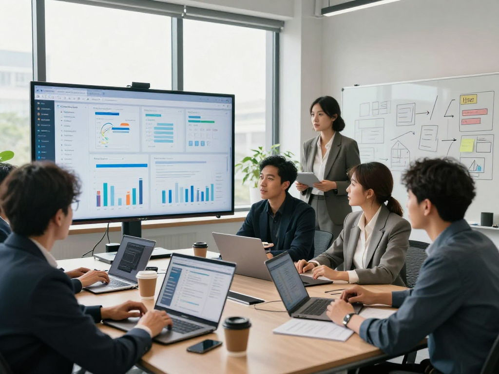 Wissen / Blog-Hub: Teamarbeit in modernem Büro, analysiert Daten und diskutiert Strategien.