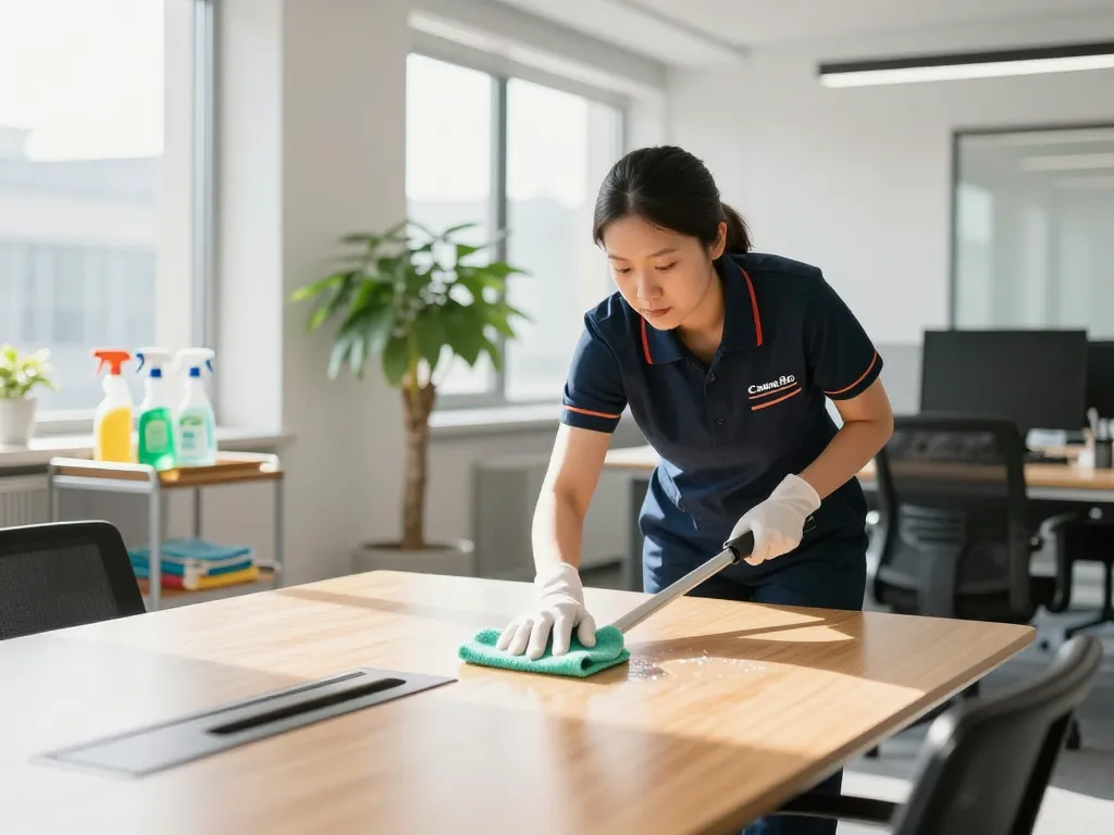 Reinigungsfirma in Münster reinigt einen modernen Büroraum mit umweltfreundlichen Produkten für ein professionelles Finish.