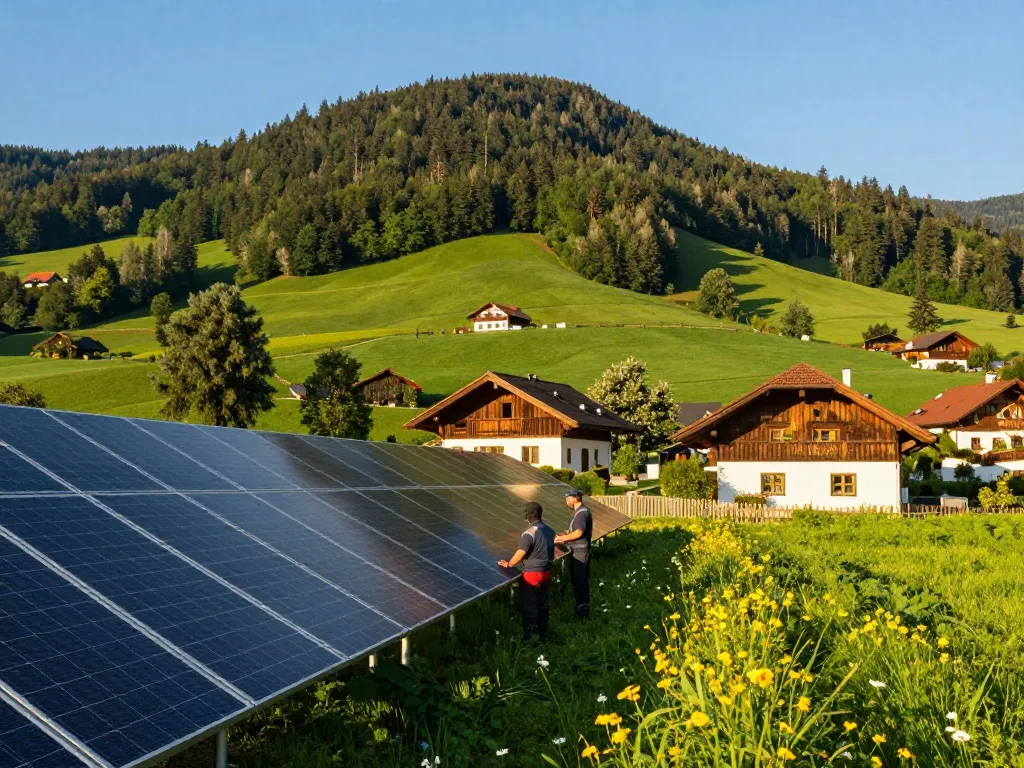 Photovoltaik Bayern: Techniker inspizieren Solarpanels in einer lebendigen bayerischen Landschaft mit traditionellen Häusern.
