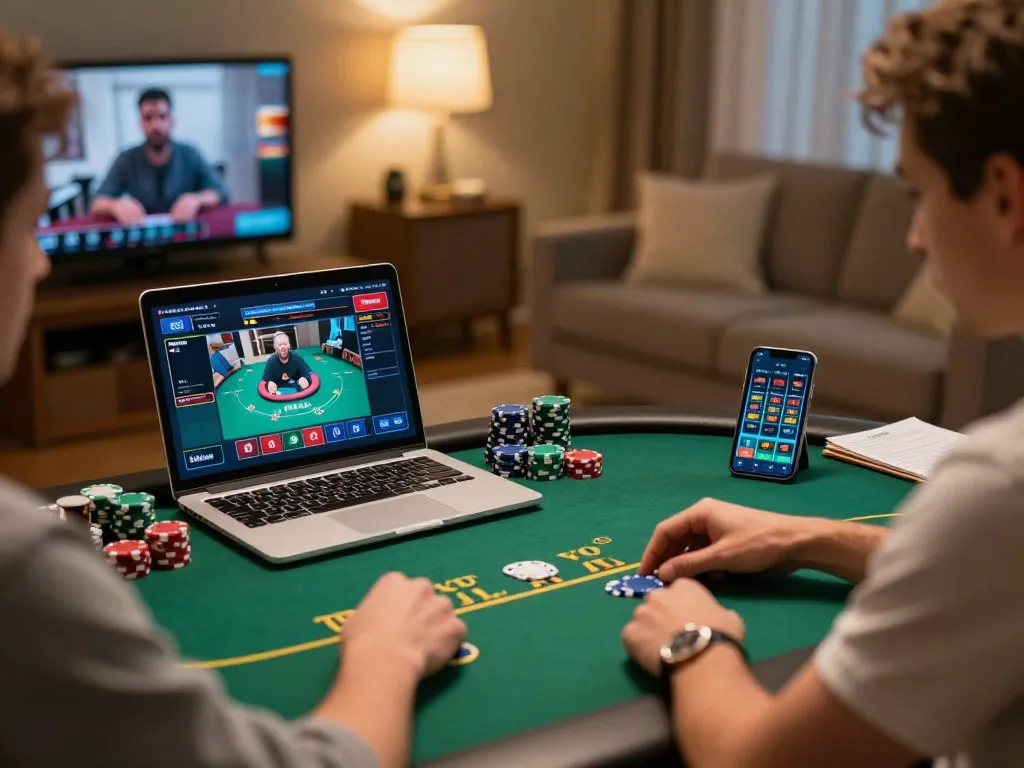 56WIN player engaging in immersive online gambling on laptop at home with live dealer