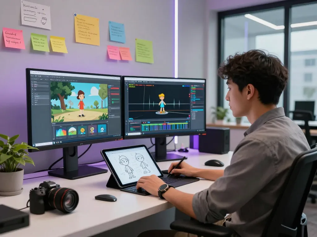 Creative professional using motion control AI for animation in a modern studio.