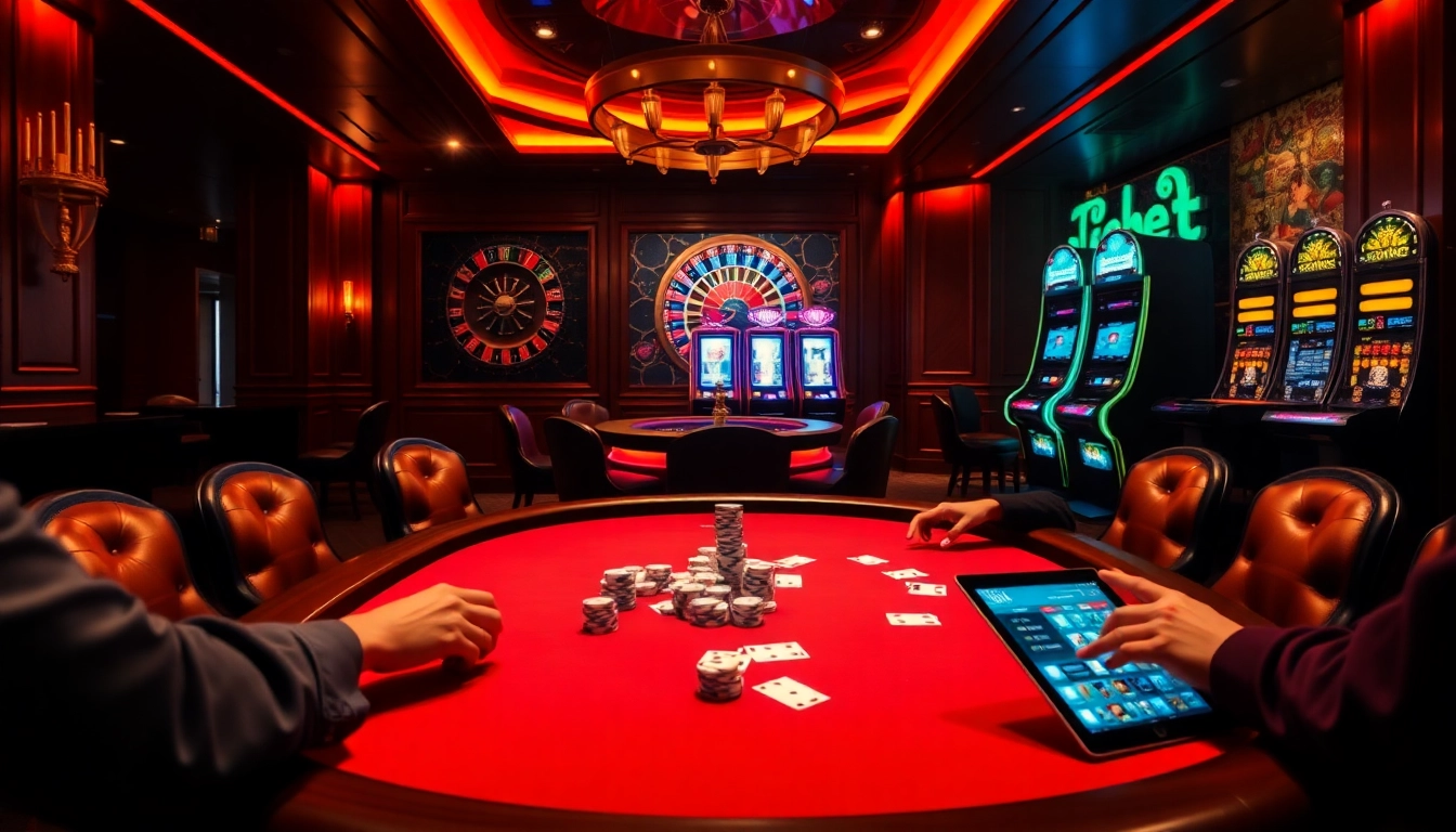 A thrilling poker game scene at https://x88ni.com/ with stacked chips and a roulette wheel in an elegant casino ambiance.
