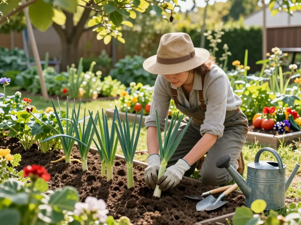 Gardener planting sommerporree in a vibrant home garden with colorful flowers and sunlight.