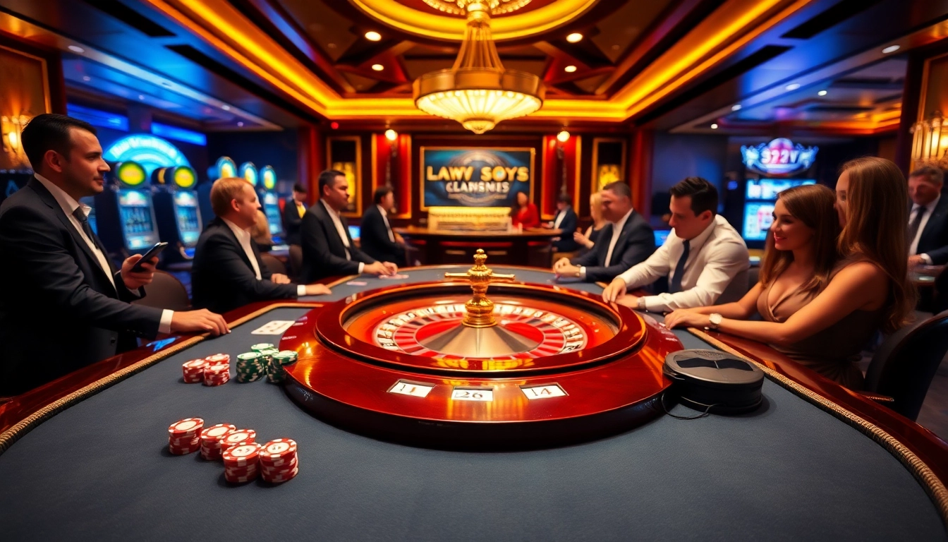 Exciting poker game at a luxurious casino featuring 32WIN branding and vibrant décor.