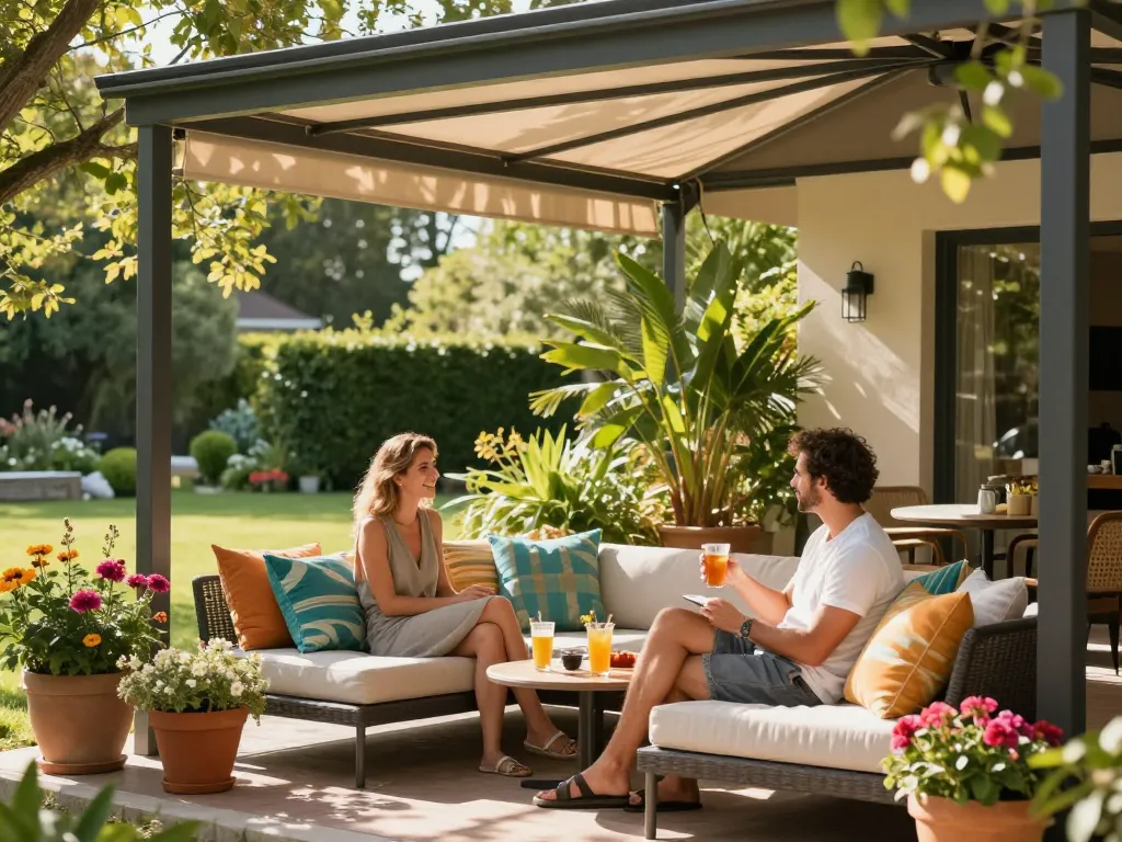Paar entspannt unter einer stilvollen Terrassenüberdachung in einem sonnigen Garten mit lebhaften Blumen.