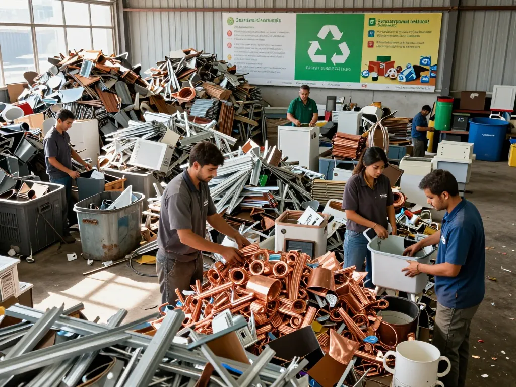 Team, das sich im Schrotthandel in einem Recyclingzentrum engagiert, sortiert Metalle und Geräte für eine umweltfreundliche Entsorgung.