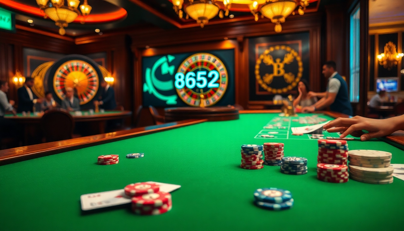 Players enjoy a thrilling game at a luxurious casino table featuring B52 poker chips and cards.