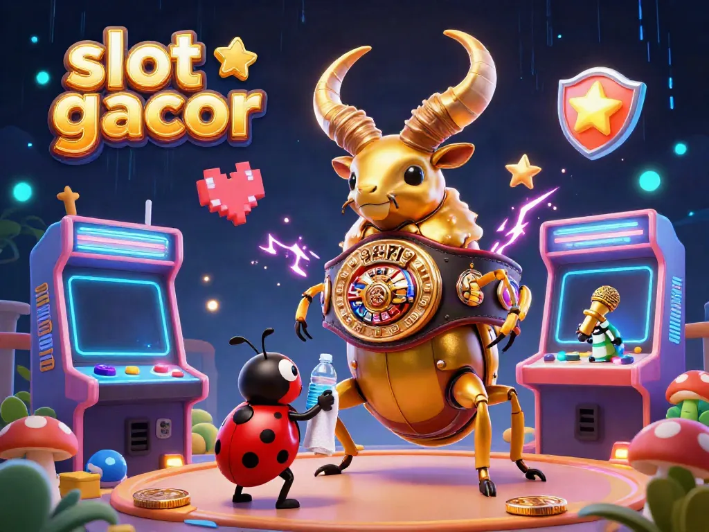 Engage in vibrant slot gacor action with a giant golden stag beetle champion and neon game elements.