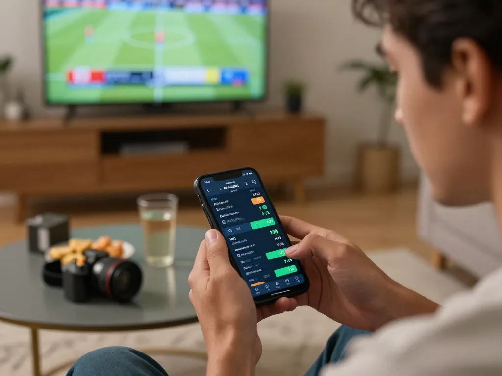 Betting on live sports events at home using mobile device from https://va88.uno/ with snacks and drinks laid out
