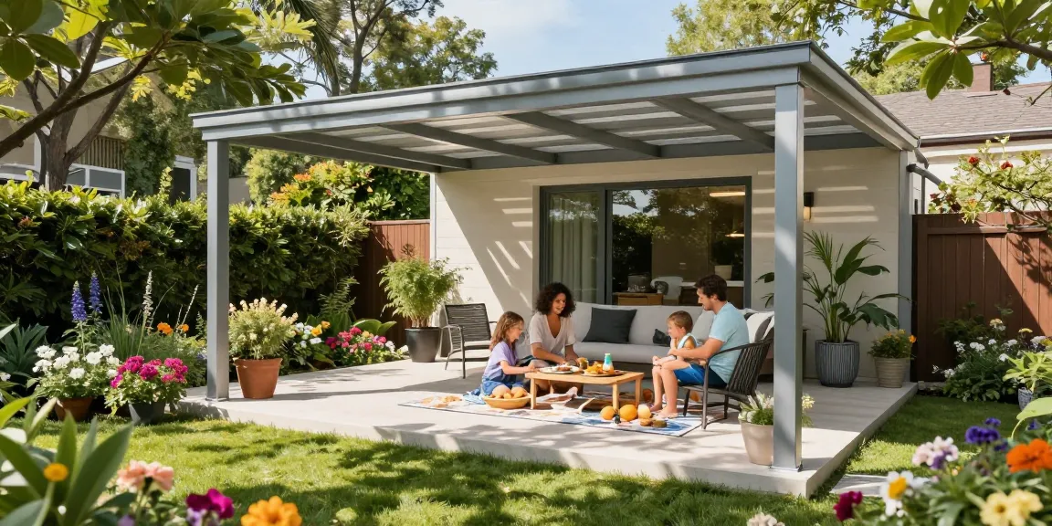 Terrassenüberdachung aus Aluminium bietet Schatten und Stil für entspannte Familientage im Garten.