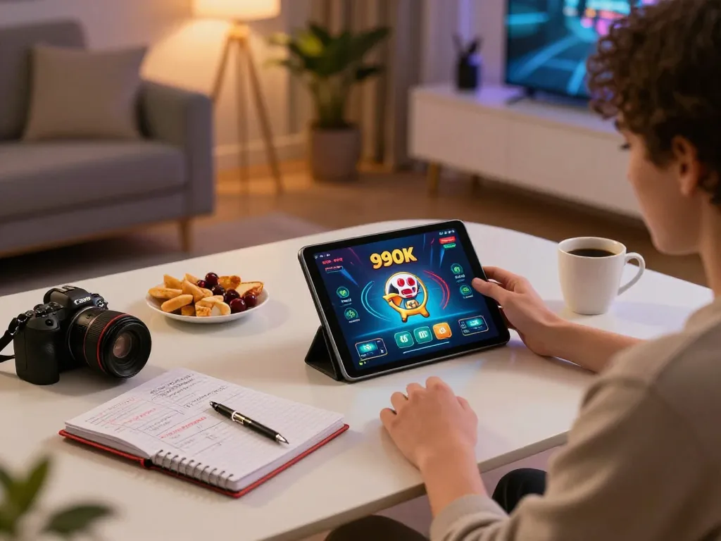 A player enjoying 99OK mobile casino app with strategy notes and snacks in a cozy home.