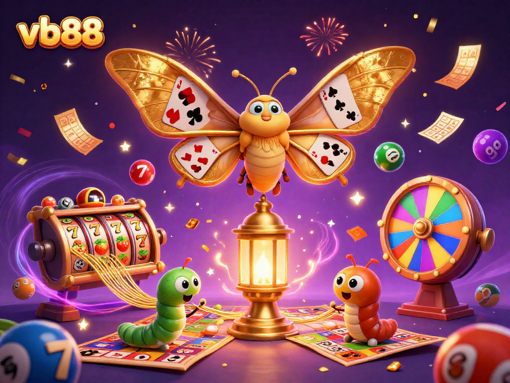 Experience the vibrant vibes of vb88 casino with dynamic lottery balls and a majestic atlas moth.