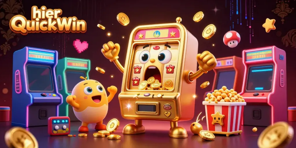 Hier QuickWin: Ein goldener Spielautomat überrascht beim Jackpot-Gewinn und entfesselt Münzen.
