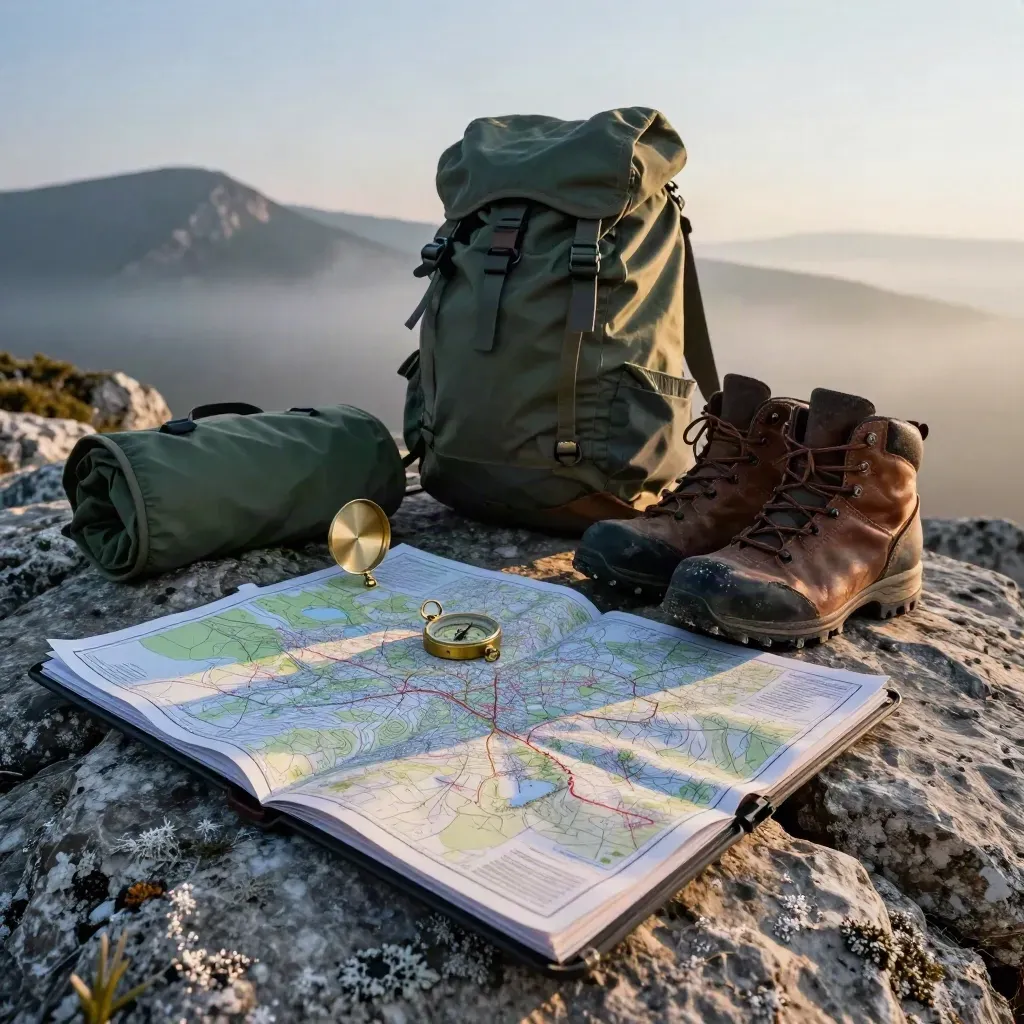 Wanderkarten, Kompass und Stiefel auf Fels im Morgennebel der Berge.