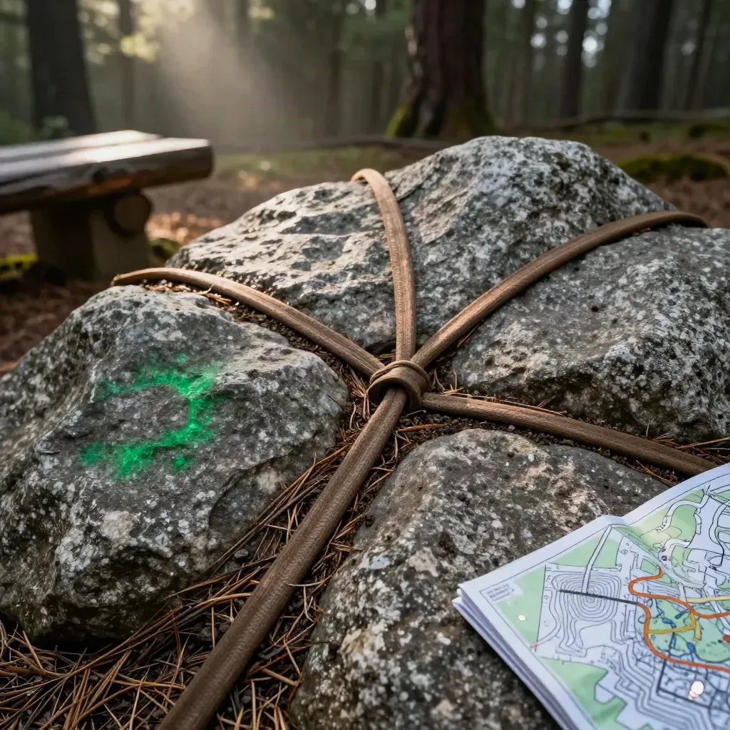 Nahaufnahme eines Wald-Rundwegs mit Wegsteinen, Erde und kleiner Rastbank im Sonnenlicht