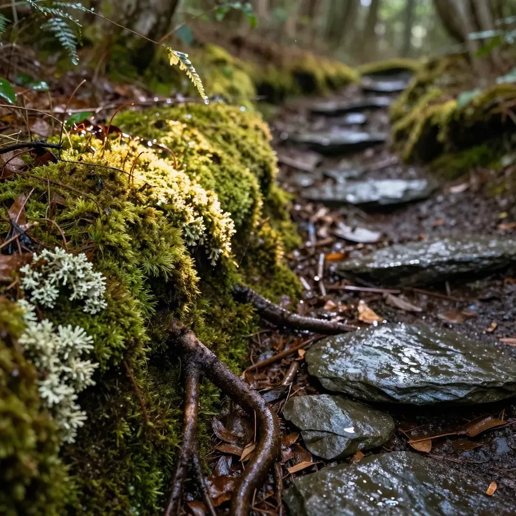 Moosiger Waldpfad nach Regen mit Tropfen auf Wurzeln und Steinen am Waldrand.