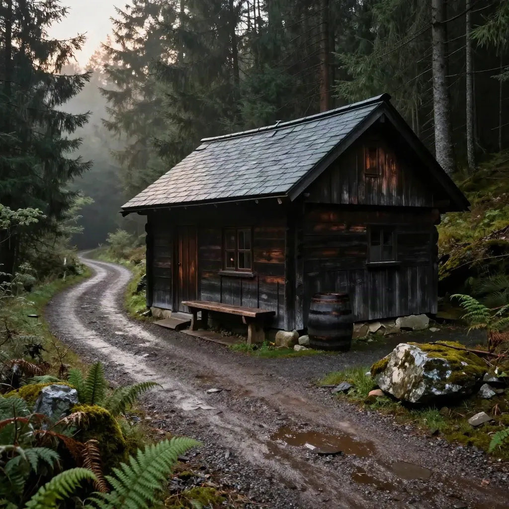Alte Berghütte am nassen Waldweg im späten Licht, mit Bank und Wasserfass.