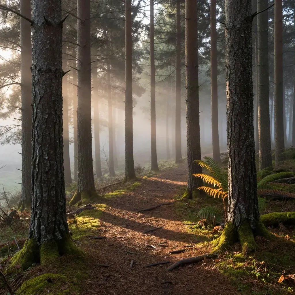 Morgendlicher Waldsaum mit Lichtbändern und Nebel auf einem ruhigen Weg.