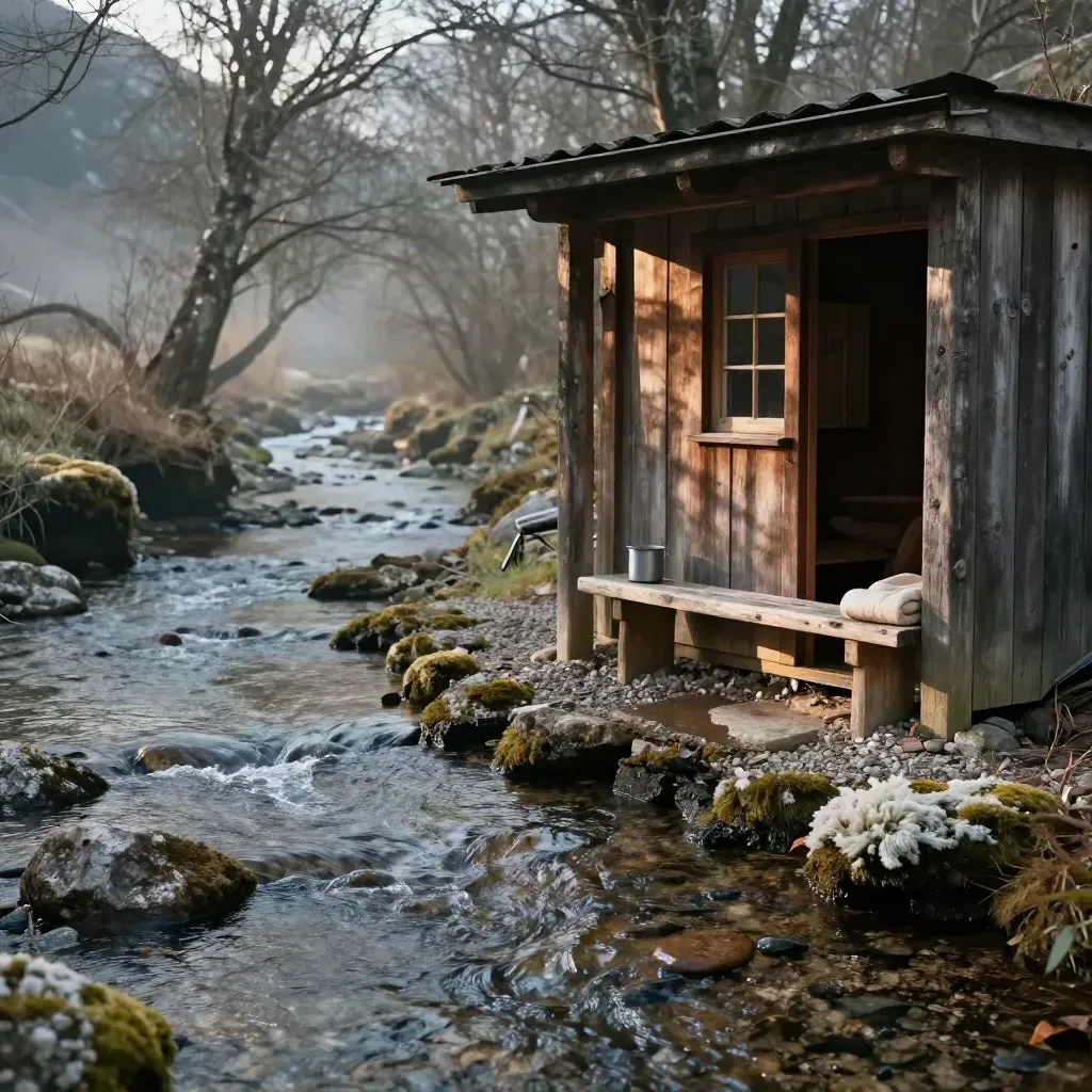 Hütte am Bach mit Holzbank, glitzerndem Wasser und feinem Sprühnebel im hellen Mittagslicht