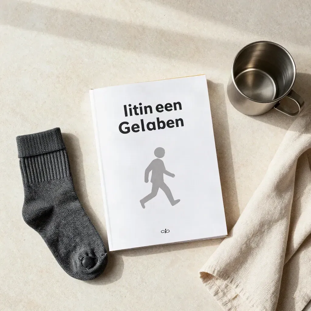 Kinder-Wanderführer, Socken, Becher und Leinentuch auf hellem Stein