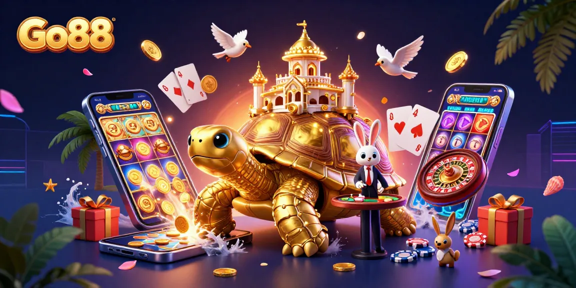 Join Go88's thrilling casino adventure with a 3D tortoise showcasing games and golden coins.