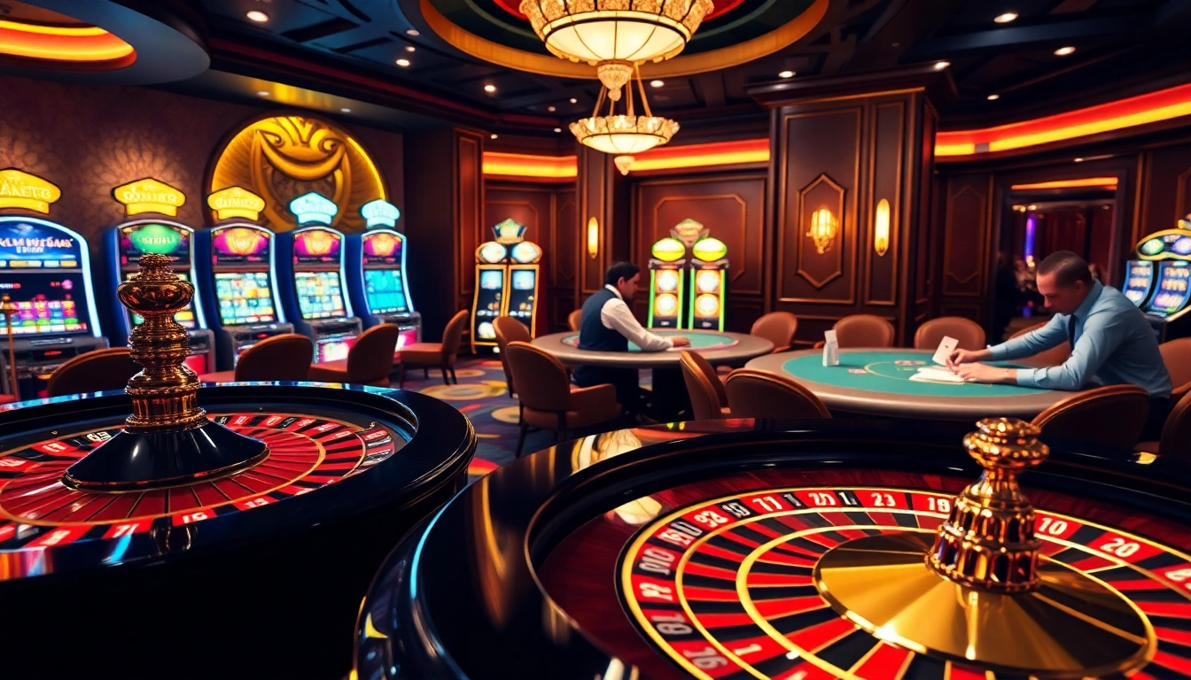 Action-packed scene featuring Luck8 players at a glamorous casino, showcasing poker and roulette excitement.