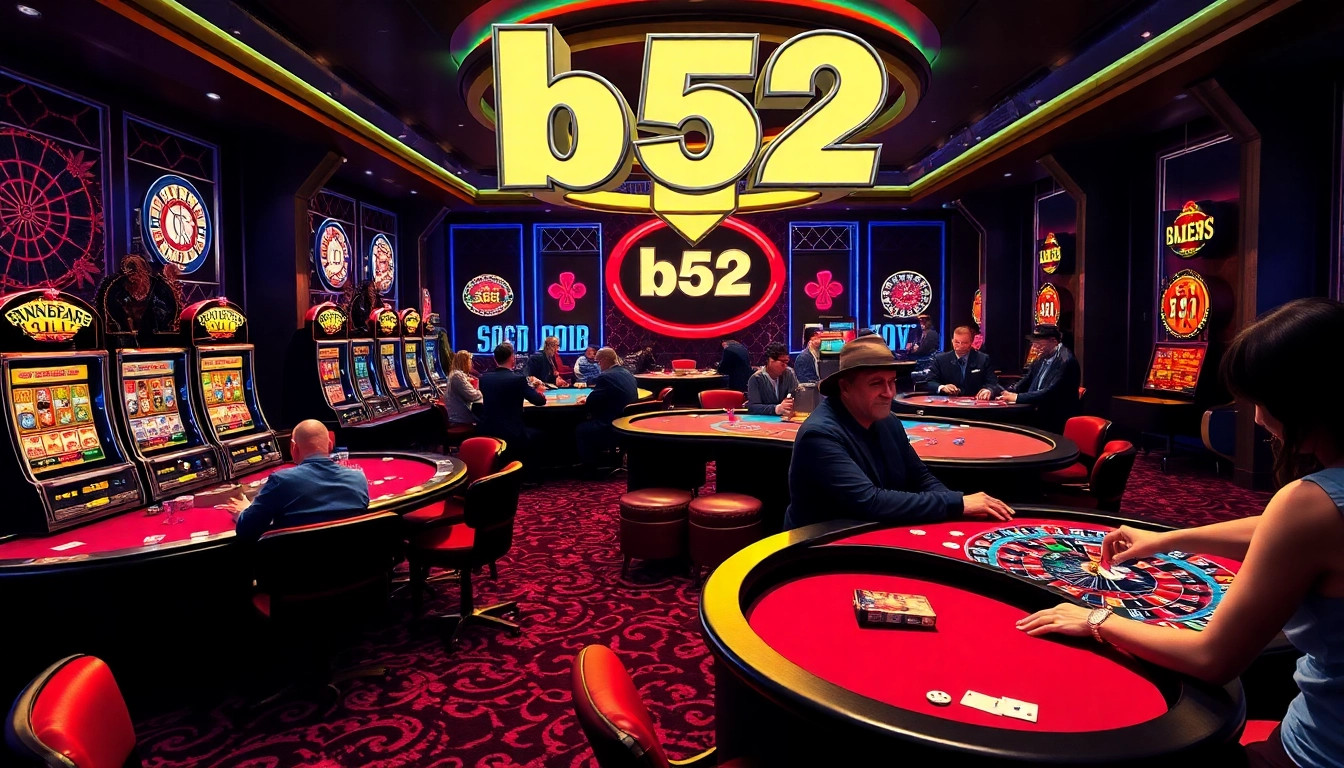 Experience the excitement at b52 club with players enjoying poker and slot machines in a luxurious casino setting.
