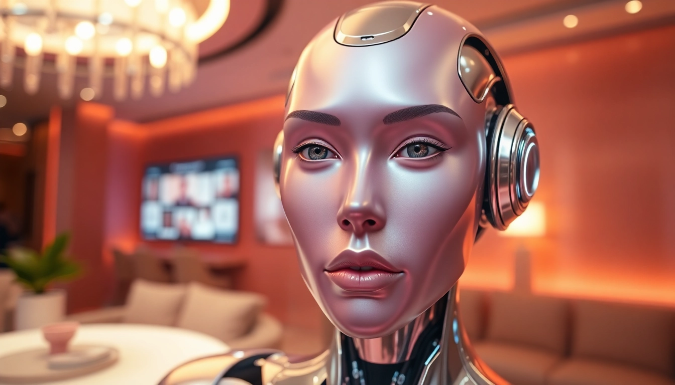 Futuristic sex bot showcasing advanced technology and human-like features in a luxurious setting.