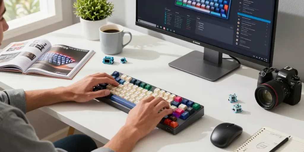 Custom Wooting 60HE v2 keyboard being assembled with colorful keycaps and modern tools in a bright tech workspace.