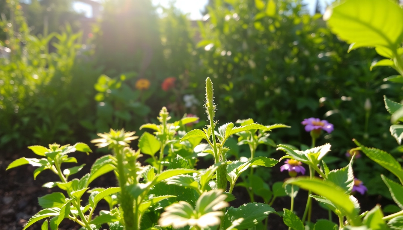 Wachstumsphase: Ein blühender Garten mit lebhaften Pflanzen und Sonnenlicht, das Wachstum symbolisierend.