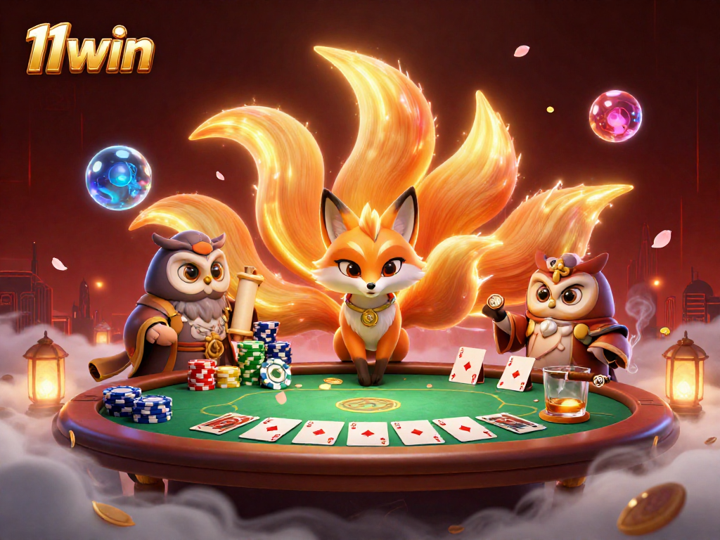 Engage with 11win's thrilling casino experience featuring vibrant nine-tailed fox and poker elements.