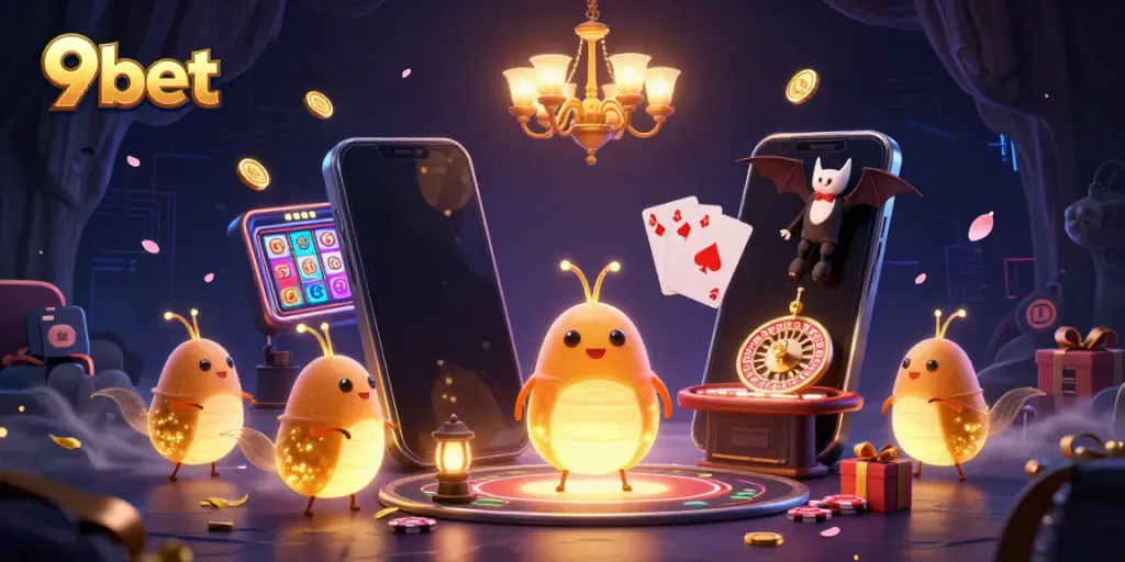 Join the fun with 9bet's vibrant casino scene featuring animated glowworms lighting the table.