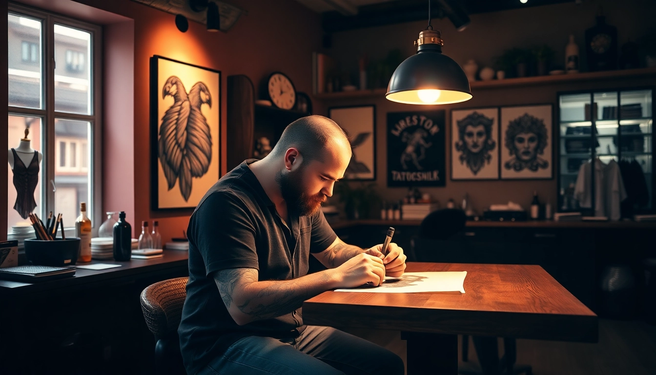 Tattoo Studio München präsentiert künstlerische Tattoo-Designs mit einem kreativen Künstler im Fokus.