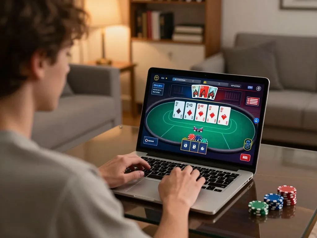 Engaged player at home using 888NEW online casino for poker strategy and fun.