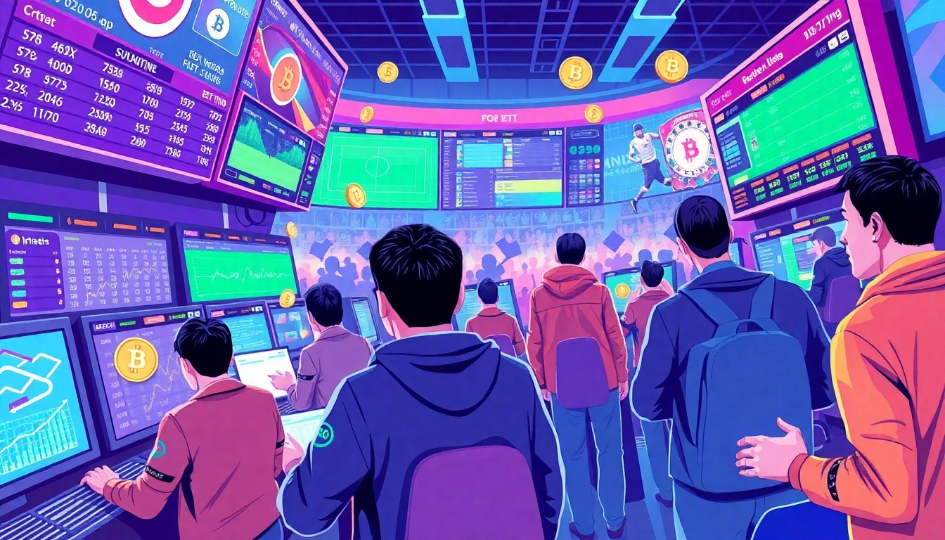 Experience the excitement of crypto betting with vibrant scenes of diverse individuals engaging in online wagers.