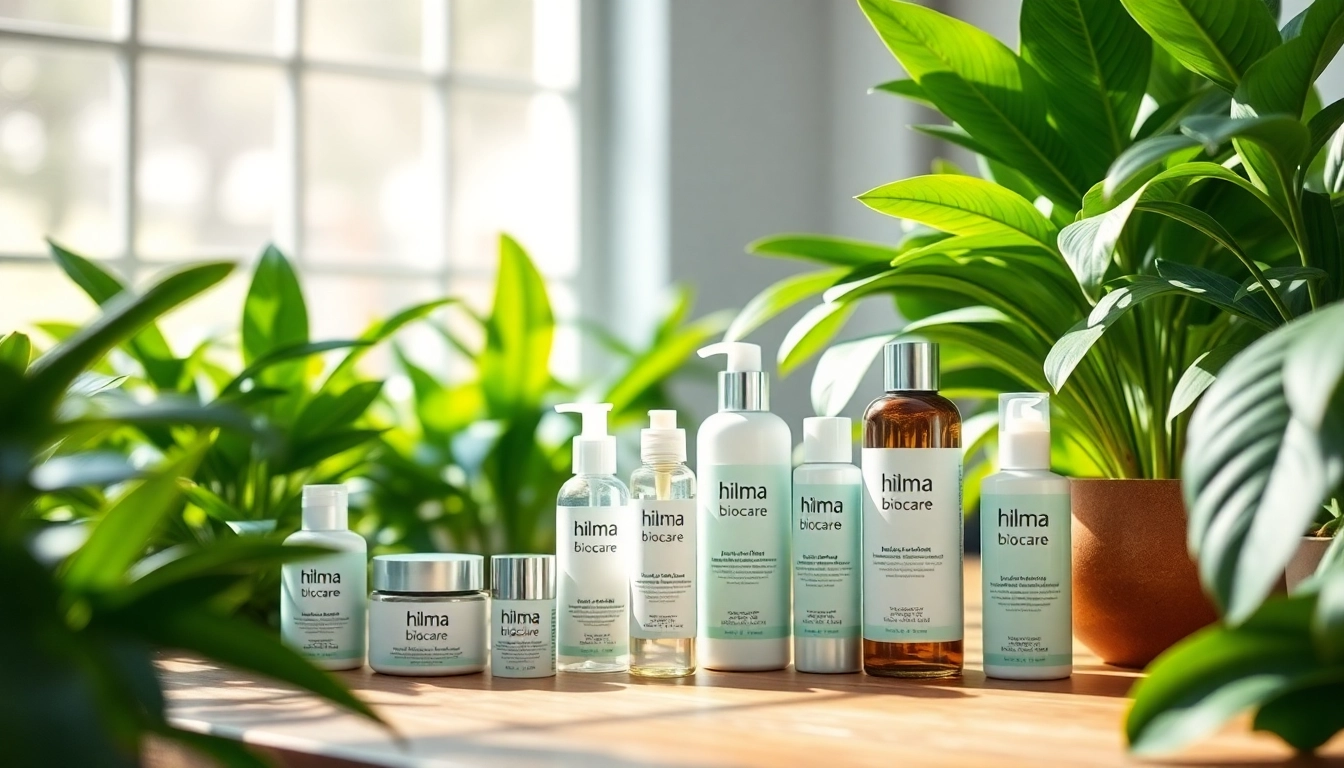 hilma biocare Produkte auf einem Holztisch, umgeben von grünen Pflanzen, inspirierend für Gesundheit.