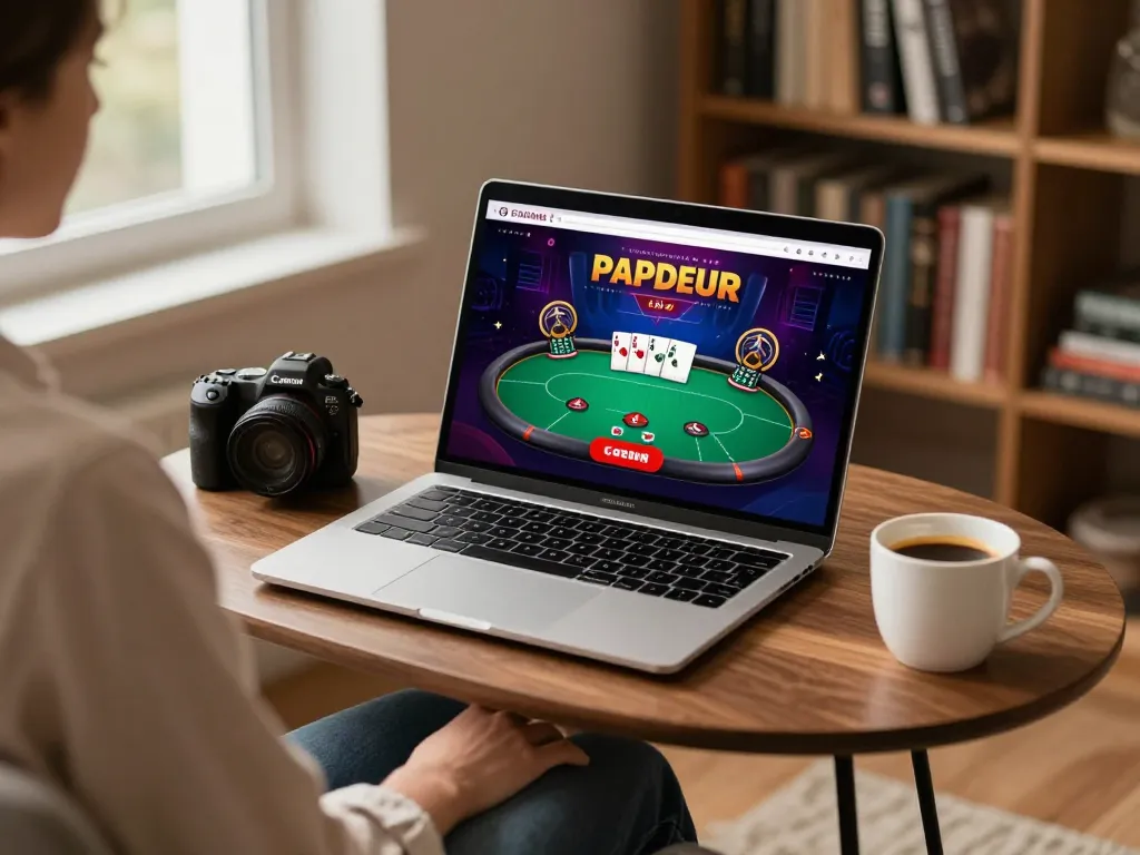 Player engaging with online poker at mb668.co on a cozy home desk, laptop screen vibrant with game action.